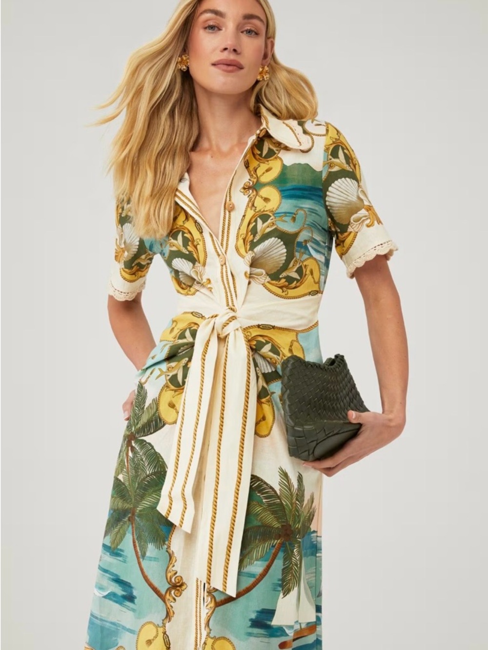 FARM Rio Green and Cream Tropical Midi Dress with Tie Waist
